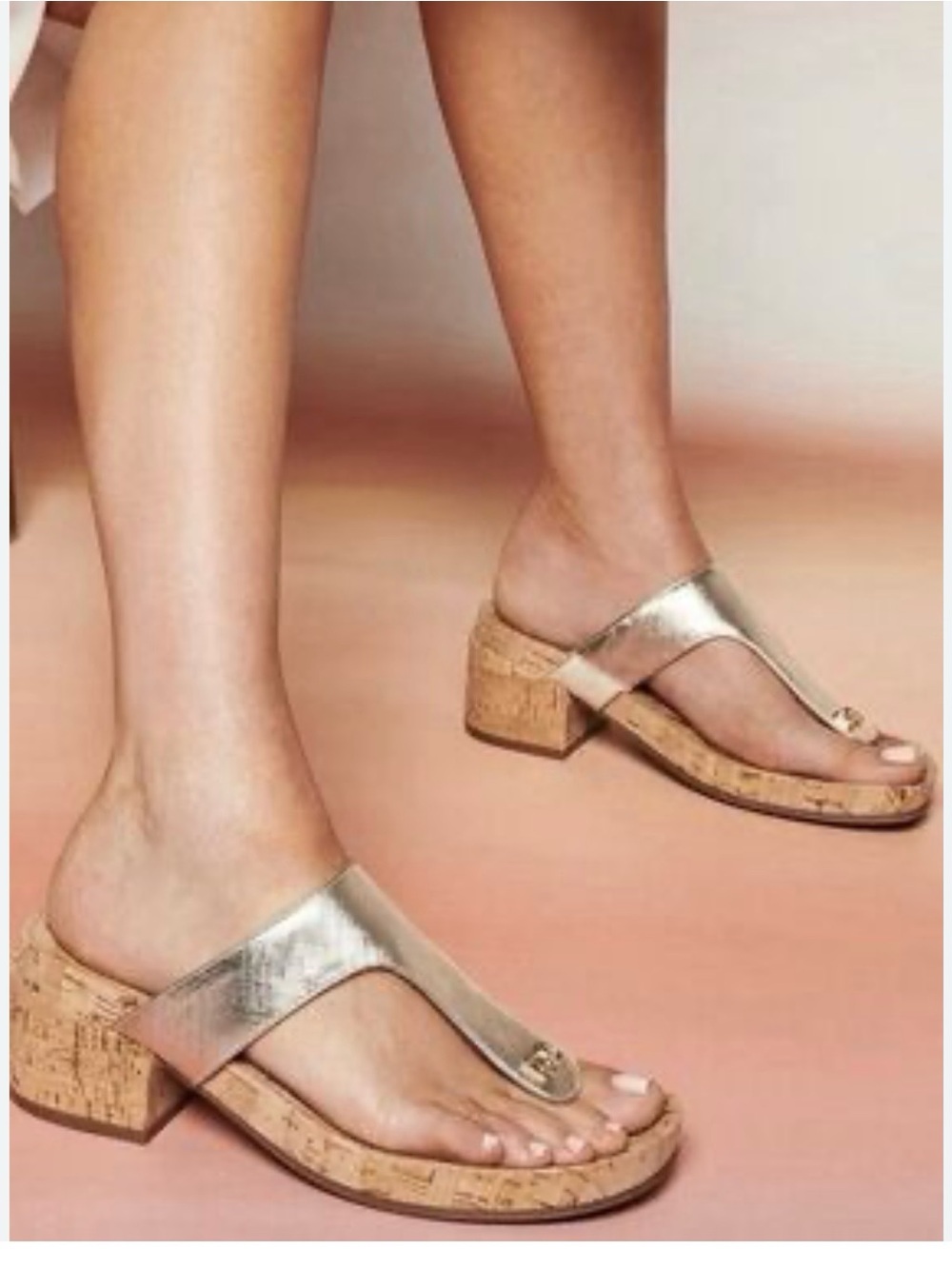 AEROSOLES Metallic Gold Cork Thong Block-Heel Sandals